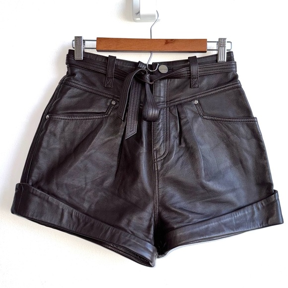 Revolve L’Academie Savon Size Small Dark Brown Leather Shorts Tie Waist Cuffed